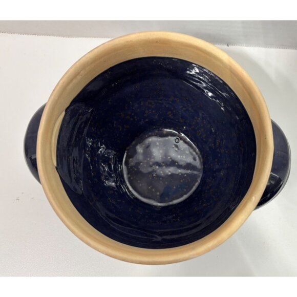 Deep Navy Blue Glazed Stoneware Lidded Bowl Vegetable Steamer Garlic Keeper - Picture 3 of 9
